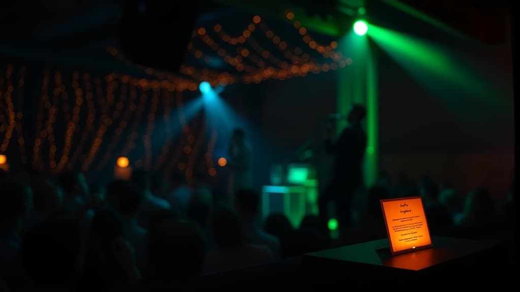 A function band playing to a packed wedding dance floor with fairy lights, a small QR sign on the stage edge