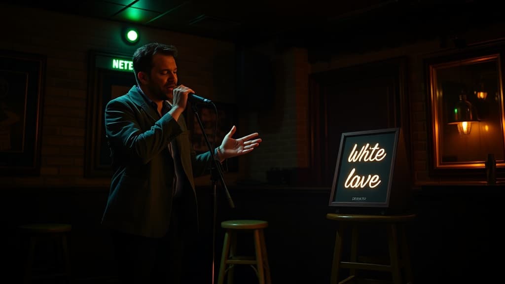 A singer at a mic in a dim pub venue gesturing towards a tip QR sign on a stool beside the stage