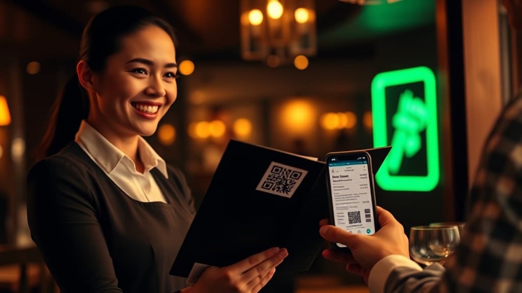 A server presenting a bill folder with a personal QR tip code to a guest at a restaurant table