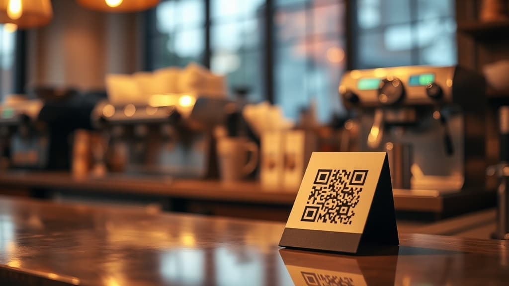 A printed QR tip card standing beside the till on a warm cafe counter