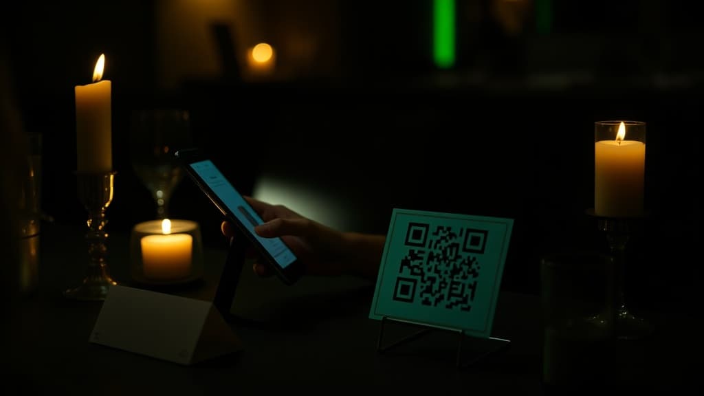 A guest typing private feedback on their phone after scanning a QR code on a restaurant table