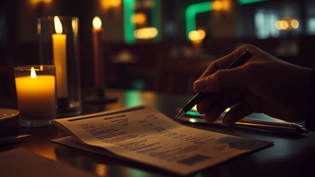A restaurant bill on a table with a discretionary service charge line highlighted