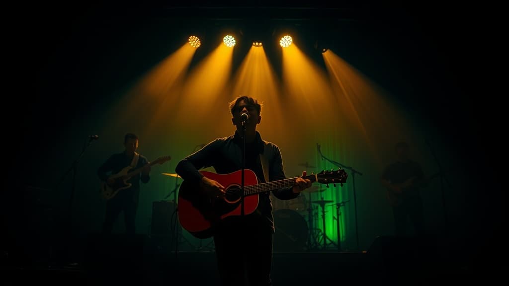 A solo acoustic singer performing under warm lights, with a full band's silhouettes in the background