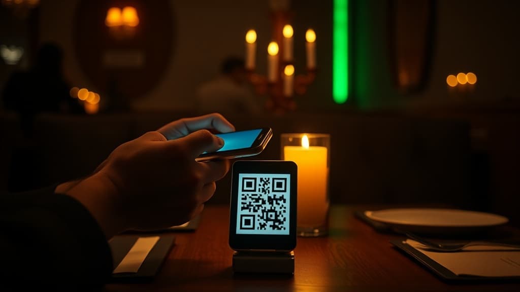 A diner scanning a QR code at a candlelit restaurant table with a five-star review on their phone screen